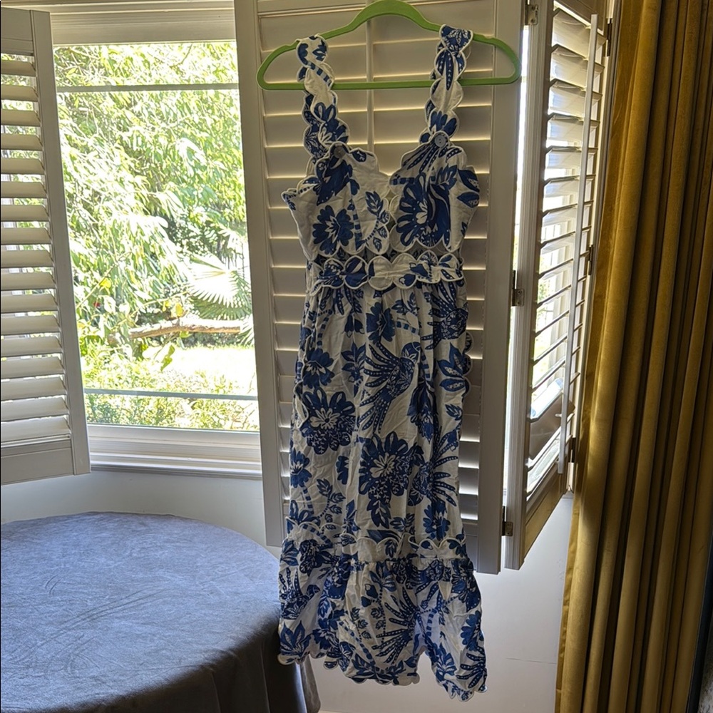 FARM Rio Blue and White Floral Midi Dress with Scalloped Straps